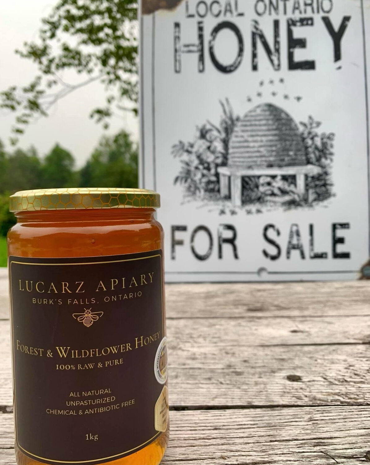 A 1kg jar of Lucarz Apiary honey in front of a Local Ontario Honey For Sale sign