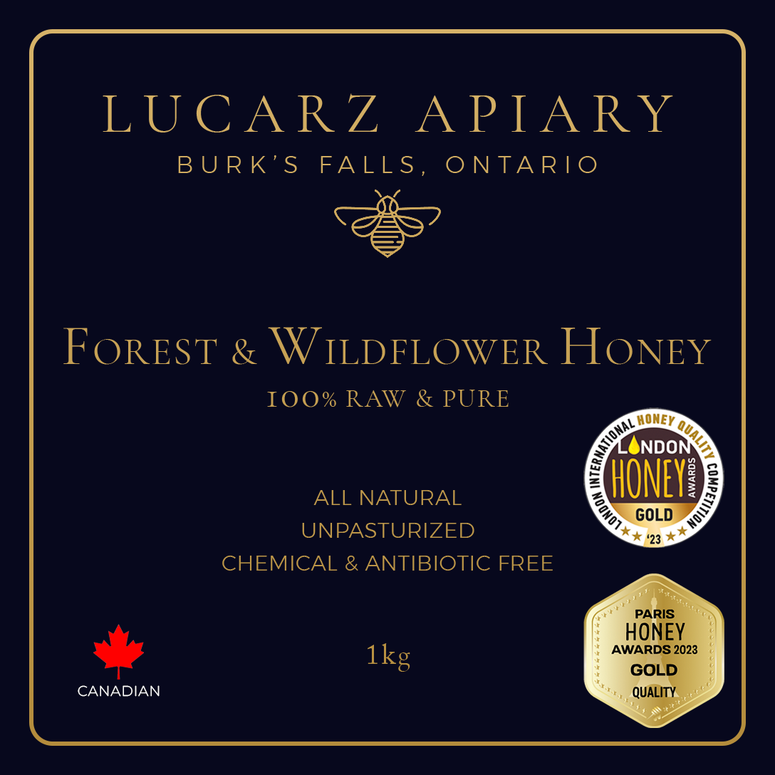 Lucarz Apiary jar label — Forest & Wildflower Honey, 100% raw and pure, gold medals from the London and Paris Honey Awards